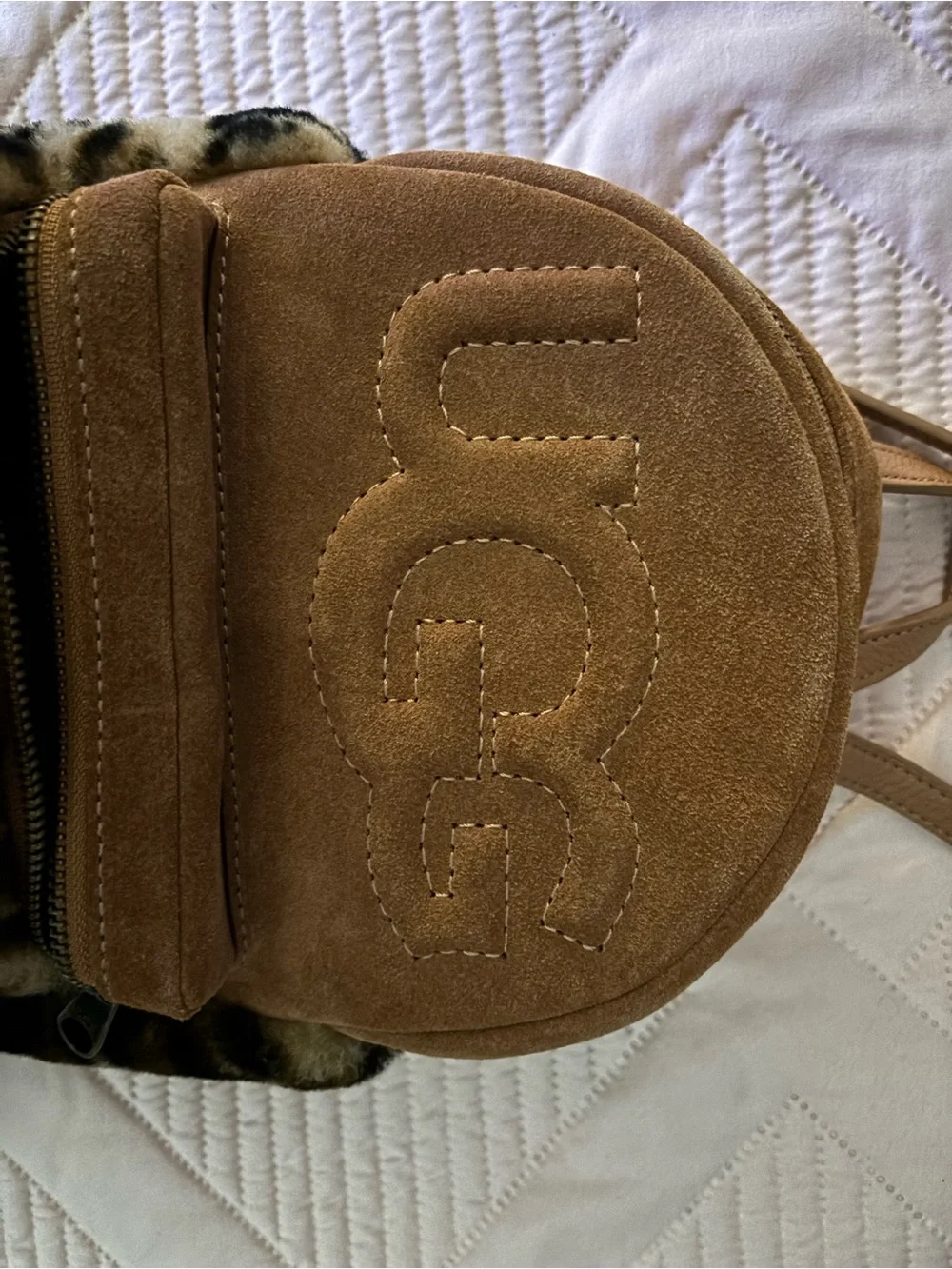 UGG Chestnut Suede Mini Backpack with Leopard Faux Fur Pocket